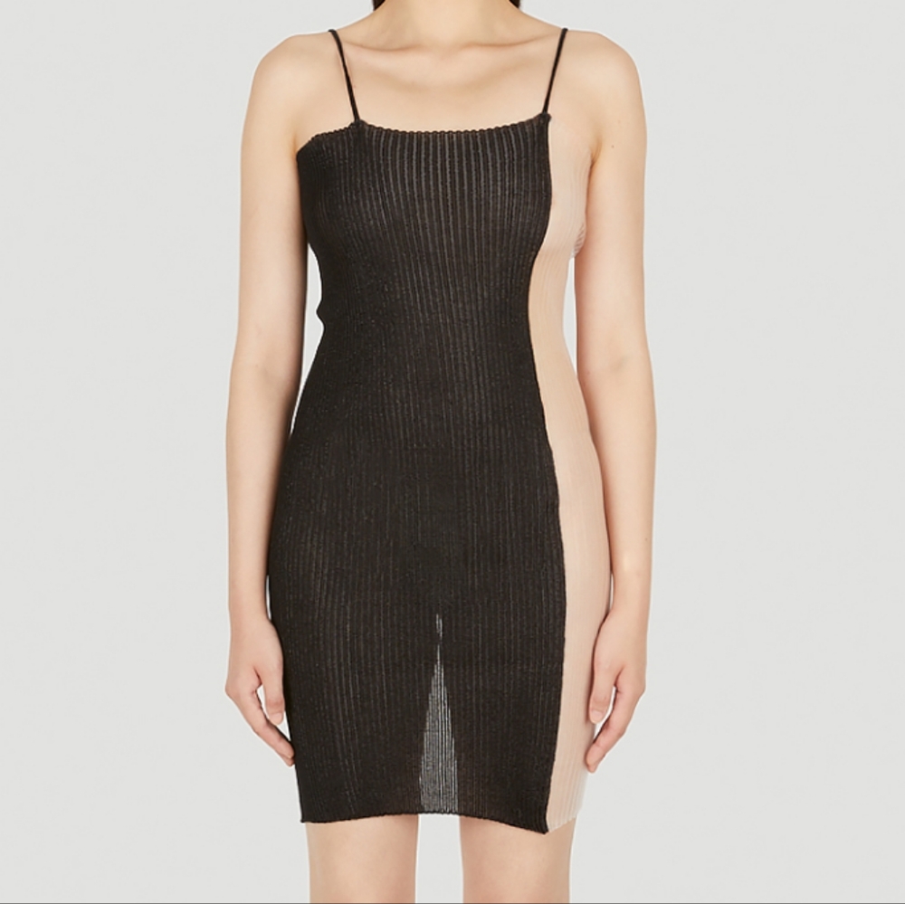 Elegant Black and Tan Ribbed Dress